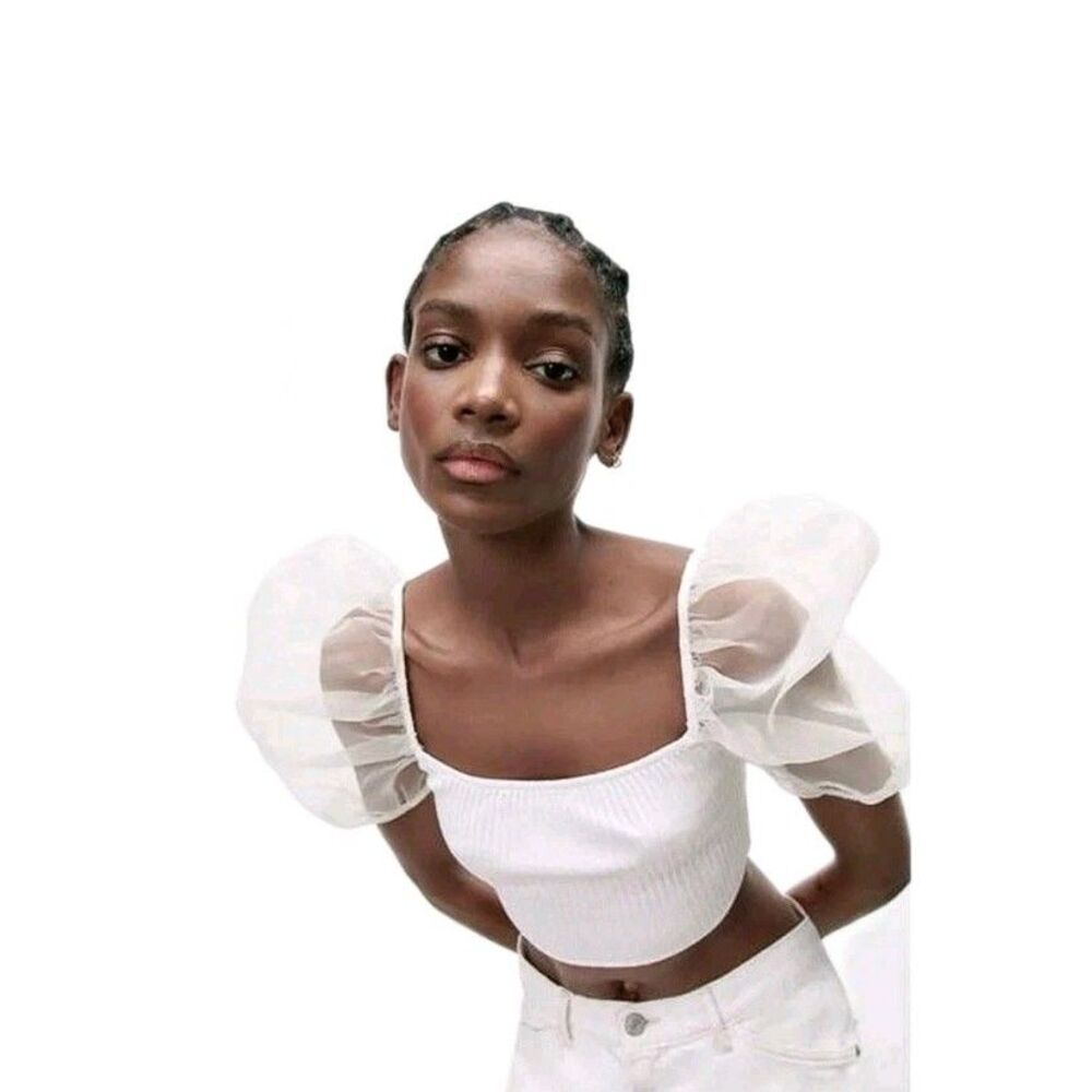Zara White Puff Sheer Sleeve Square Neck Crop Top Sz M Fairy Feminine
